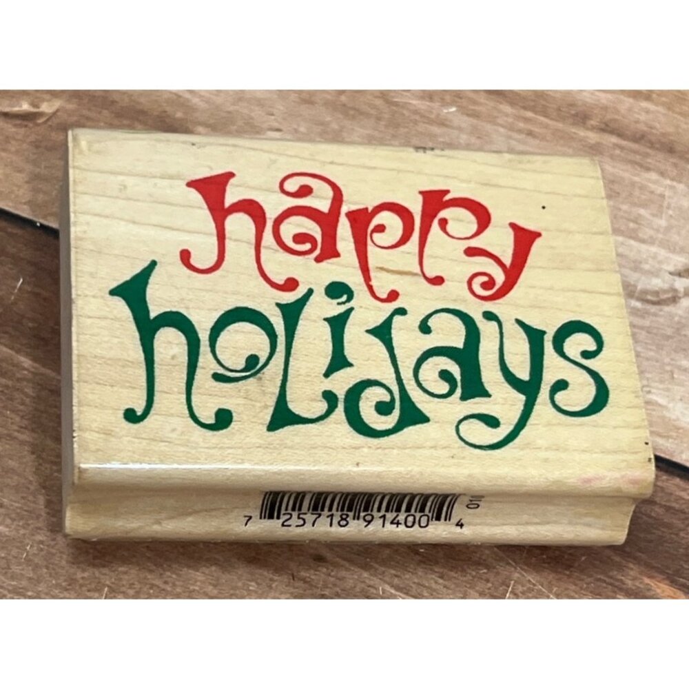 INKADINKADO 91400O HAPPY HOLIDAYS WOOD MOUNTED RUBBER STAMP